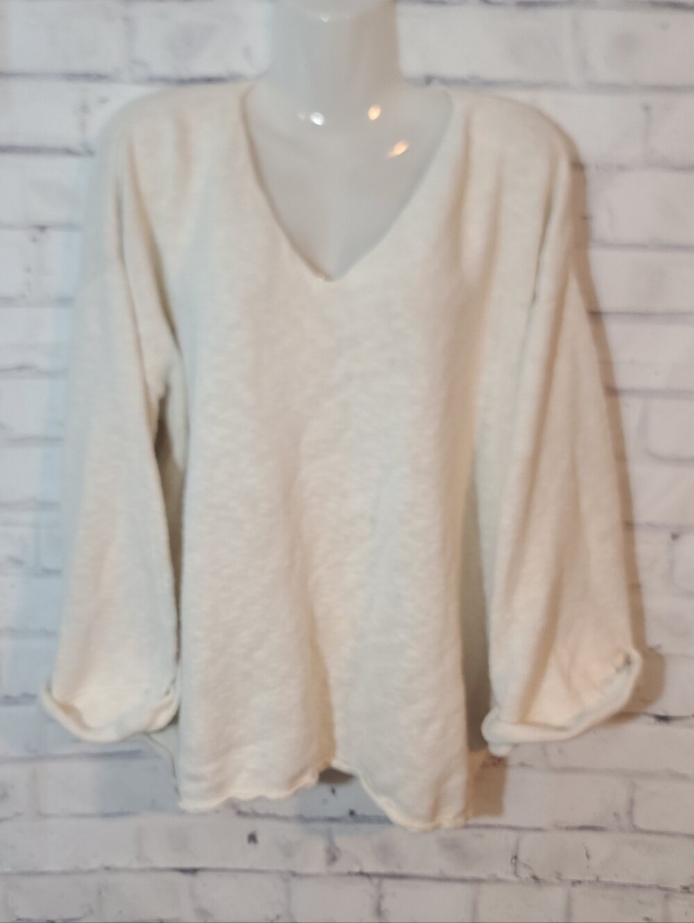 Avalin Ivory Chunky-Knit V-Neck Cotton Oversized Pullover Sweater One Size